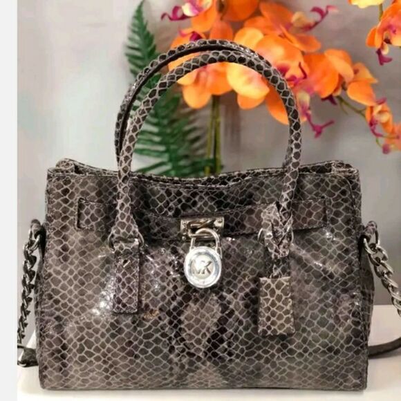MICHAEL KORS Hamilton Dark Grey Python Snakeskin Prints Small Satchel Bag - Picture 2 of 16